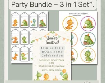 Dinosaur Birthday Party Bundle  Printable Dino Invitations, Cupcake Toppers & Gift Tags  Kids Party Décor Set, Instant Download