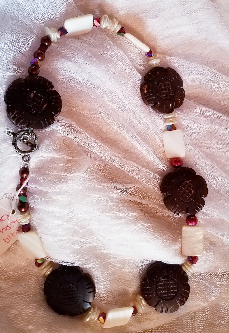 Handcrafted Carved Cocoa Bean Flowers and Mother of Pearl Beaded Choker