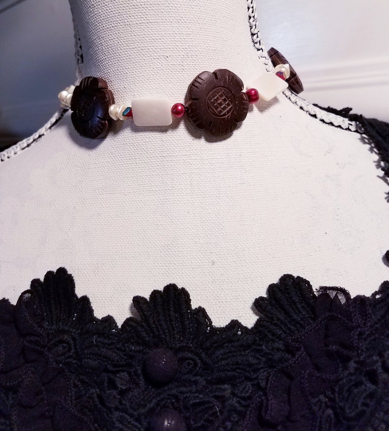 Handcrafted Carved Cocoa Bean Flowers and Mother of Pearl Beaded Choker