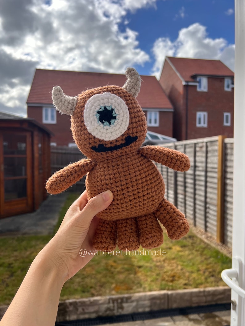 May include: A brown crocheted one-eyed monster with white yarn for the eye and a black mouth. The monster is being held by a hand in front of a green lawn and a house.