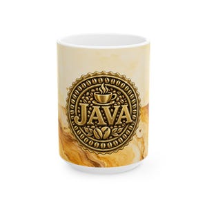 May include: A white ceramic mug featuring a marbled beige and brown pattern. Centered on the front is a circular gold-toned emblem with a scalloped edge, displaying the word JAVA in bold letters, a steaming coffee cup, and coffee bean motifs.