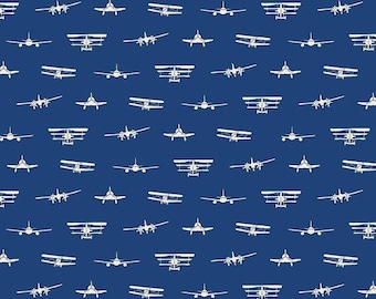Navy Airplane Jersey Knit Fabric | Riley Blake | Planes | Aeroplane | Blue | Childrens Fabric | Baby