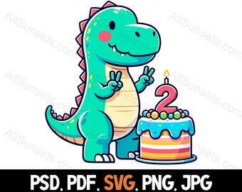 May include: A green dinosaur with a pink blush on its cheek is holding up two fingers and smiling. The dinosaur is standing next to a birthday cake with a lit candle that says "2" on it. The cake is decorated with colorful sprinkles and frosting.