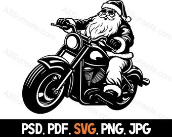 Santa Claus Riding A Motorcycle Silhouette svg png psd jpg pdf File Types Christmas Motor Biker Vector Commercial Use for Print on Demand