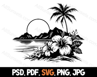 Tropische Hibiscus bloemen strand scène silhouet svg png psd jpg pdf Bestandstypen Palm Tree Sunset Island Commercieel gebruik voor Print On Demand