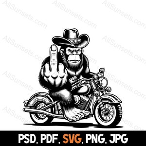 Bigfoot Mittelfinger Motorrad Cowboy Hut Silhouette svg png jpg psd pdf Dateitypen Sasquatch Kommerzielle Nutzung Print on Demand