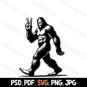 Bigfoot Peace Sign Silhouette svg png jpg psd pdf Tipos de archivos de un Yeti o un Sasquatch Uso comercial para licencia de impresión bajo demanda