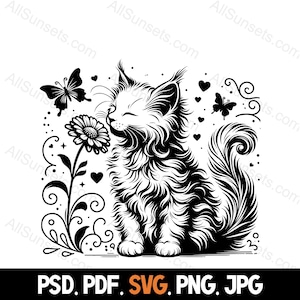 Maine coon chaton papillon coeurs fleurs Silhouette svg png pdf jpg psd Types de fichiers chat usage commercial impression à la demande des cliparts