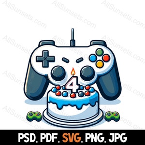 Videospiel- Controller 4 Jahre alt Geburtstagskuchenparty svg png pdf psd jpg Dateitypen Home Werbung oder Print on Demand Verwenden Sie Clipart