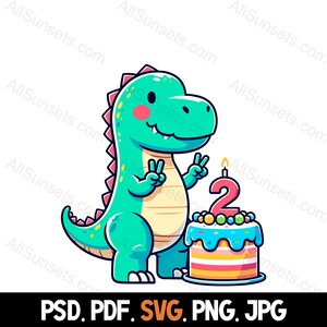 Festa de aniversário de 2 anos do T-Rex svg png pdf psd jpg Tipos de arquivo Bolo de dinossauro Casa Comercial ou impressão sob demanda Use Clipart