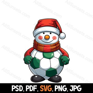 Bola de futebol Boneco de neve svg png jpg pdf psd Tipos de arquivo Natal Esportes Chapéu de Papai Noel Tema Clipart Uso comercial para gráfico de impressão sob demanda
