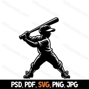 Silueta de jugador de béisbol infantil svg png jpg pdf psd Tipos de archivos Deportes juveniles Bateador Vector Uso comercial Impresión bajo demanda