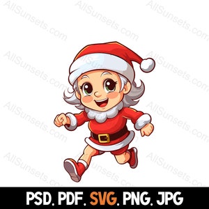 Mevrouw de Kerstman Joggen SVG PNG PDF PSD jpg Bestandstypen Hardlopen Fitness Kerst Clipart Commercieel gebruik voor afdrukken op aanvraag
