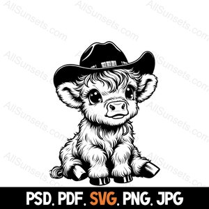 Bebê Highland Vaca Vestindo Chapéu De Cowboy Silhueta svg png pdf jpg psd Tipos de arquivo Cabelo comprido Gado Uso comercial Imprimir sob demanda Clipart