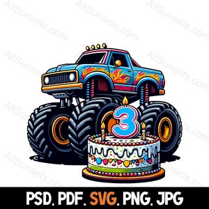 Monster Truck 3 Jahre alt Geburtstagskuchen Party svg png pdf psd jpg Dateitypen Home Werbung oder Print on Demand Verwenden Sie Clipart