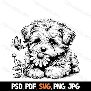 Puppy Butterfly Flowers Silhouette svg png pdf jpg psd File Types Baby Cute Commercial Use Print on Demand Clipart