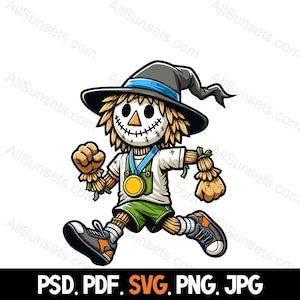 Vogelverschrikker Joggen SVG PNG PDF PSD jpg Bestandstypen Halloween Marathon Runner 5k 10K Half Walking Racing Commercieel gebruik voor afdrukken op aanvraag