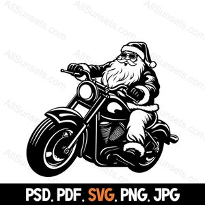 Papai Noel andando de moto Silhueta svg png psd jpg pdf Tipos de arquivo Motociclista de Natal Vetor Uso comercial para impressão sob demanda