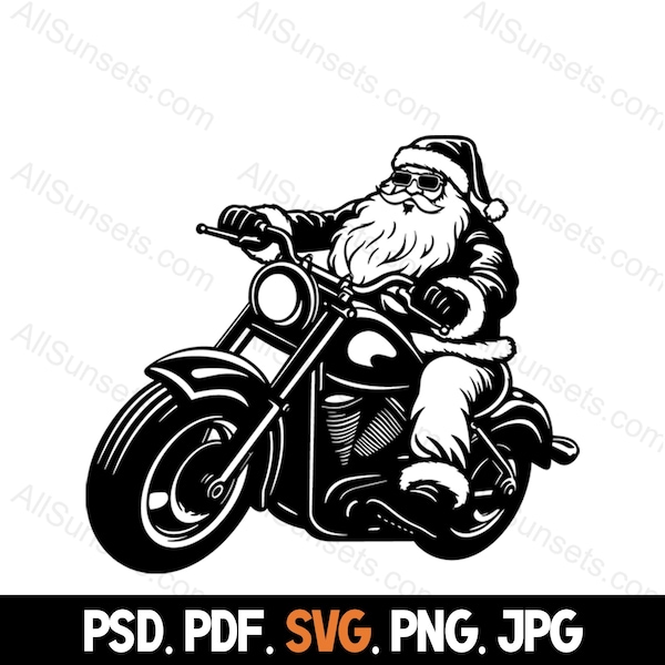 Santa Claus Riding A Motorcycle Silhouette svg png psd jpg pdf File Types Christmas Motor Biker Vector Commercial Use for Print on Demand