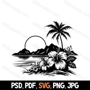 Tropische Hibiskusblumen Strandszene Silhouette svg png psd jpg pdf Dateitypen Palme Sunset Island Kommerzielle Nutzung für Print On Demand