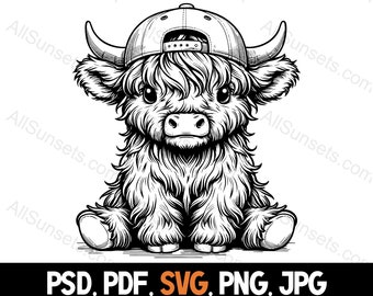 Baby Highland Cow Wearing Ballcap Silhouette svg png pdf jpg psd File Types Long Hair Cattle Commercial Use Print on Demand Clipart