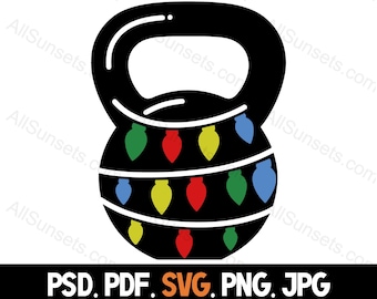 May include: Black kettlebell with a string of colorful Christmas lights wrapped around it. The lights are red, green, blue, and yellow.