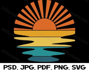 Retro Sunset Rays Wavy Water svg png pdf psd jpg Files Clipart Ocean Waves Sun Rays Orange Blue Yellow Teal Commercial License Graphic