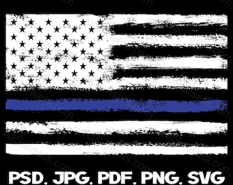 Thin Blue Line American Flag PNG and SVG Cut Files Police Officer Memorial Law Enforcement Grunge Patriotic Commercial Use Clipart