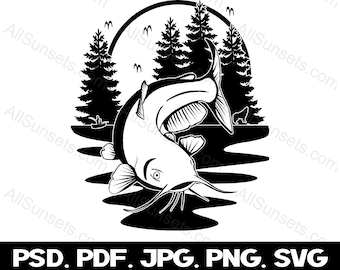 Catfishing Lake Forest Scene PNG SVG Vector File Format Fisherman Graphics Print on Demand Commercial Use Clip Art