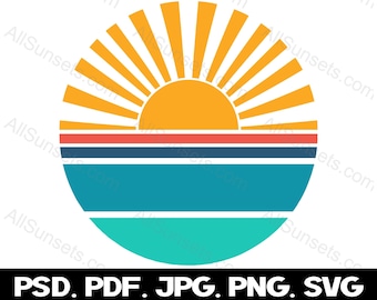 Sunrays Ocean Horizon Retro Sunset svg png jpg psd pdf File Types Clipart Lake Water Beach Sunrise Commercial Print on Demand Graphics