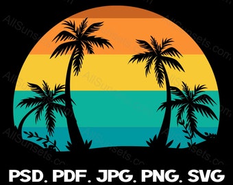 Retro Vintage Sunset PNG and SVG Cut File Beach Palm Trees Orange Yellow Blue Commercial Use 300 DPI Transparent Clipart