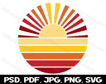 Retro Sun Rays Full Circle Sunset svg png jpg psd pdf File Types Clipart Sun Rays Orange Tan Yellow Red Commercial License Graphic