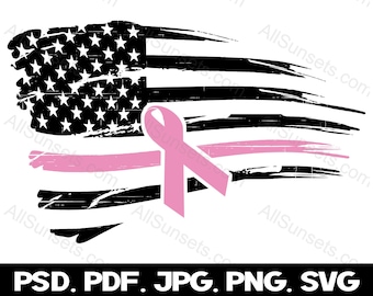 Pink Awareness Ribbon Torn Distressed American Flag Breast Cancer Cause Honor Nursing Mothers Birth Parents PNG Print on Demand Use Clipart