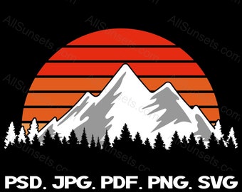 Retro Vintage Mountains Sunset Trees svg png jpg psd pdf File Types Commercial Use Print on Demand Clipart