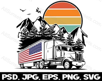 Semi Truck Trailer Driver Forest Retro Sunset PNG 18 Wheeler American Flag Patriotic Vector Graphics Clipart png psd jpg eps svg File Types