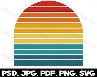 Retro Vintage Sunset PNG PSD SVG Pdf Jpg Files Clipart Sun 6 Color Palette Commercial License Print on Demand Graphic