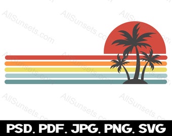Palmbomen horizontale strepen Retro zonsondergang PNG-bestand strand stad vakantie commercieel gebruik Print on Demand Graphics