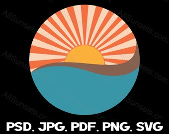 Retro Vintage Sunset Ocean Waves Sun Rays svg png jpg psd pdf File Types Clipart Orange Tan Blue Yellow Commercial License Graphic