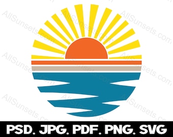 Ocean Sunrays Retro Sunset svg png jpg psd pdf File Types Clipart Water Waves Sun Rise Commercial License Graphic