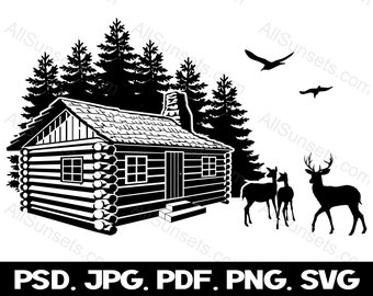 Blokhut Woods Herten Vogels svg png jpg psd pdf Bestandstypen Camping Lodge Home House Bomen USA Forest Grafische Clipart