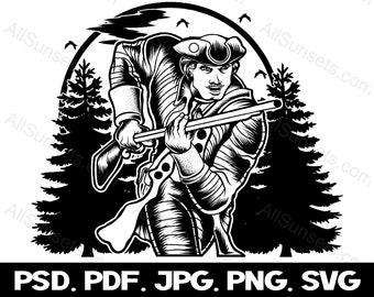 Patriot Soldier Minuteman Forest Scene svg png jpg psd pdf Formatos de archivo USA Graphics Patriotic Print on Demand Commercial Use Clip Art