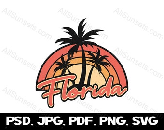 Florida Sunset Beach Palm Trees PNG SVG Pdf Jpg Psd Files Clipart Commercial Use Print on Demand Retro Vintage Beach