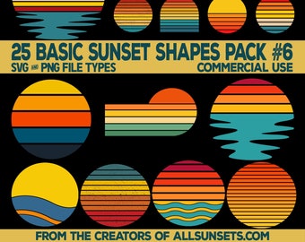 25 Retro Sunsets Basic Shapes Clip Art PNG Circle Rectangle Various Commercial License Print On Demand