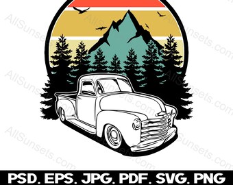 Old Truck SVG 1950s Classic Pickup Antique Forest Retro Sunset Vintage Vector Graphics Clipart png eps svg jpg psd Files Commercial Use