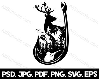 Fish Svg, Deer Hunting, Fishing Svg, Bass, Fish Hook, Duck Scenery SVG,  PNG, JPG, Buck, Flying Ducks, Tree Scenery, Deer And Fish Logo