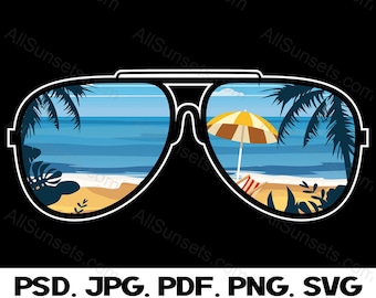 Beach Palm Trees Umbrella Sunglasses PNG SVG PSD Pdf Jpg Files Clipart Glasses Vacation Commercial Use Print on Demand Graphics