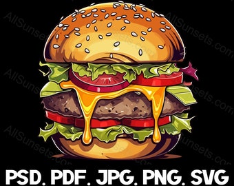 Cheeseburger Sandwich svg png psd jpg pdf File Types Full Color Food Logo Clipart Hamburger Vector Fast Food Graphic Commercial Use