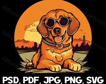 Puppy Sunglasses Retro Sunset svg png jpg pdf psd File Types Dog Round Circle Sun Setting Shape Print on Demand Commercial Use