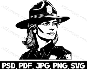 Mujer policía estatal con sombrero de campaña svg png jpg pdf psd Tipos de archivos Aplicación de la ley Oficial de policía Silueta Uso comercial Gráfico