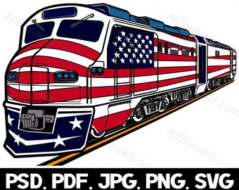 Train American Flag svg png jpg pdf psd File Types Modern Patriotic Locomotive Railway Diesel Engine Print On Demand Commercial Use Graphic